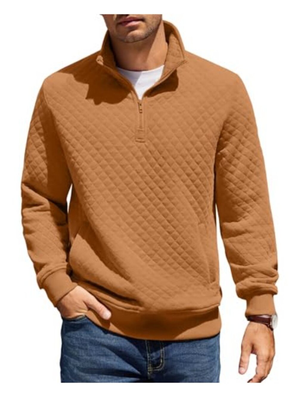 Mens Quarter Zip Pullover Quilted Sweatshirt Mock Neck Sweater with Pocket
